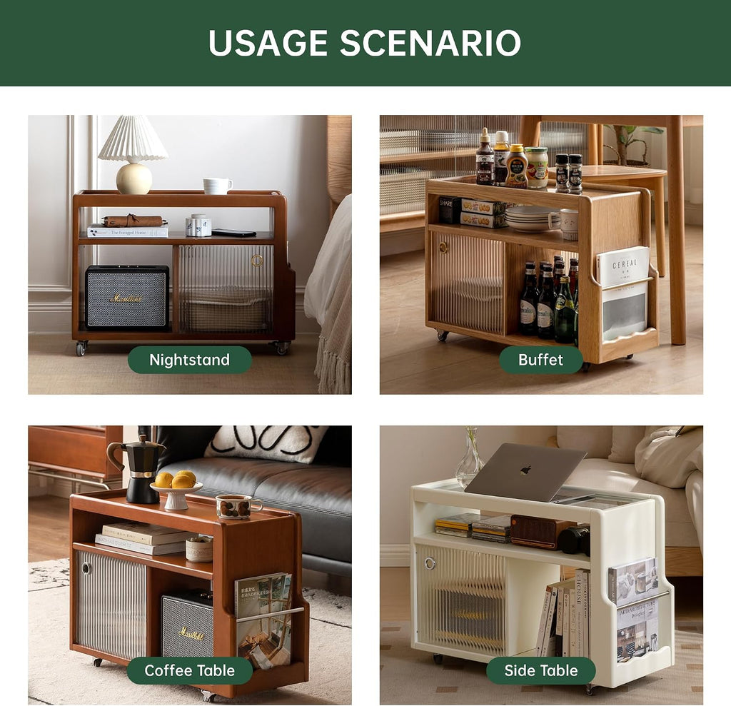 Solid Wood Narrow Side Table with Storage, End Table with Magazine Rack & Glass Door Cabinet, Small Couch Side Table for Living Room, Slim Nightstand for Bedroom, No Assembly