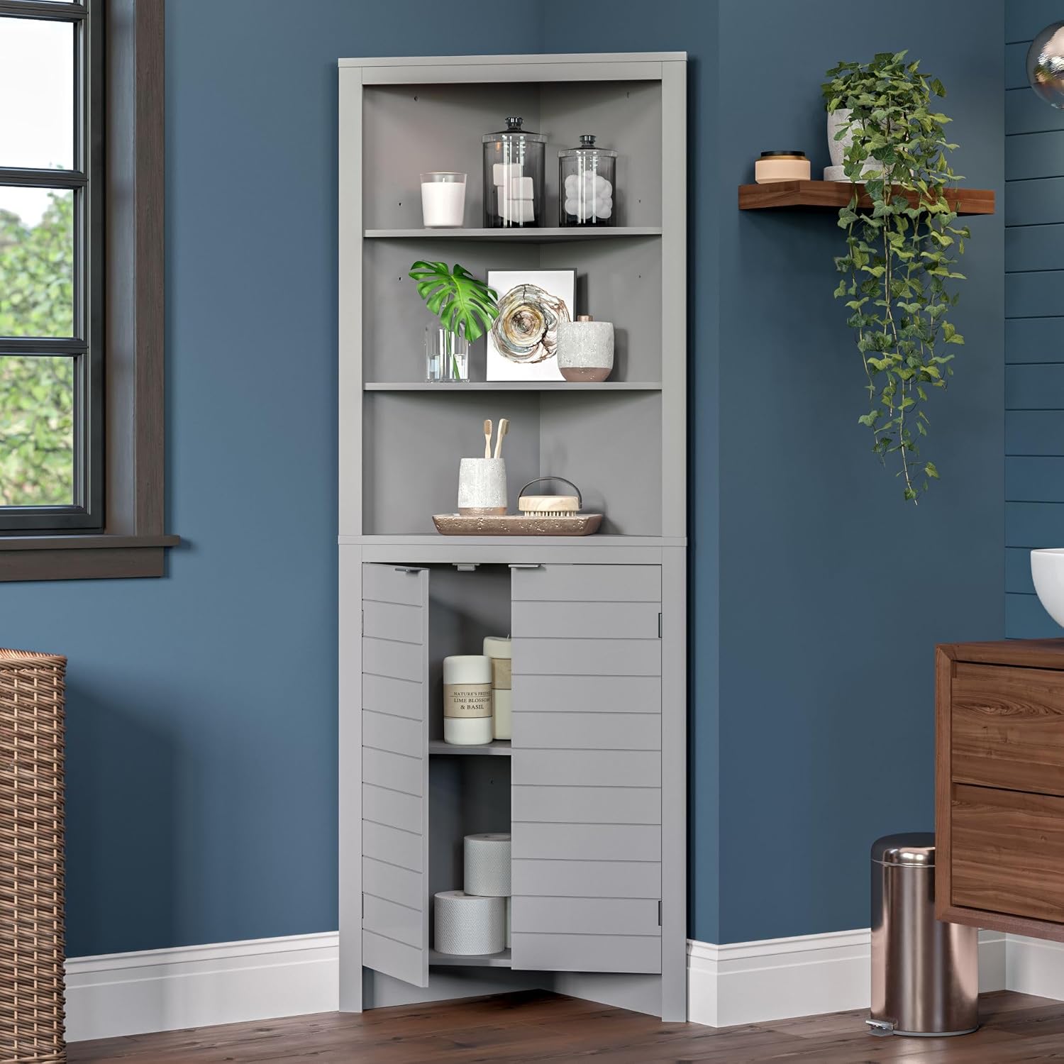 RiverRidge Madison Bathroom Corner Storage Cabinet with Open Shelves and Cupboard Tall Corner Storage Gray Bathroom Furniture Curio Cabinet