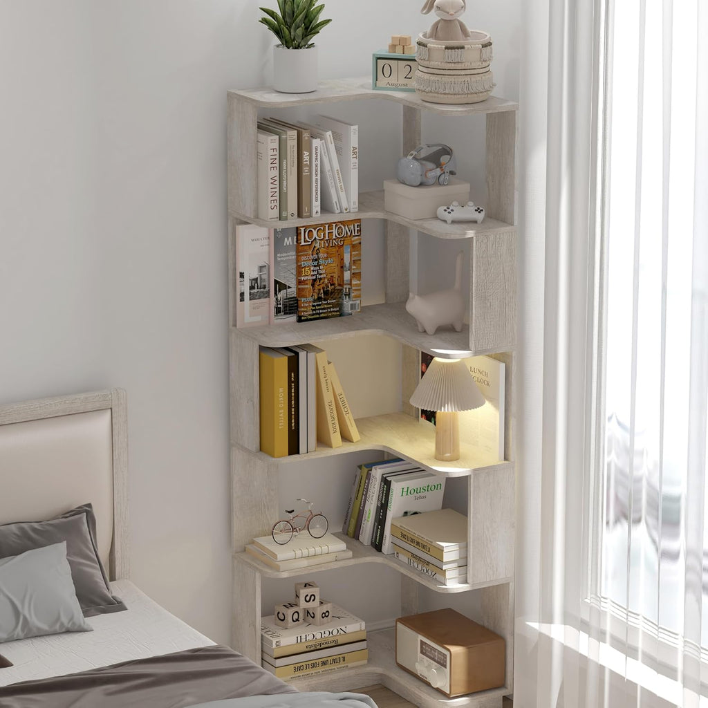 GDFStudio 64.6' Tall L-Shaped Corner Bookshelf, 6-Tier Freestanding Corner Shelf Bookcase with Anti-Drop Panels, Wooden Open Back Display Shelves Organizer for Living Room Bedroom Office, Light Gray