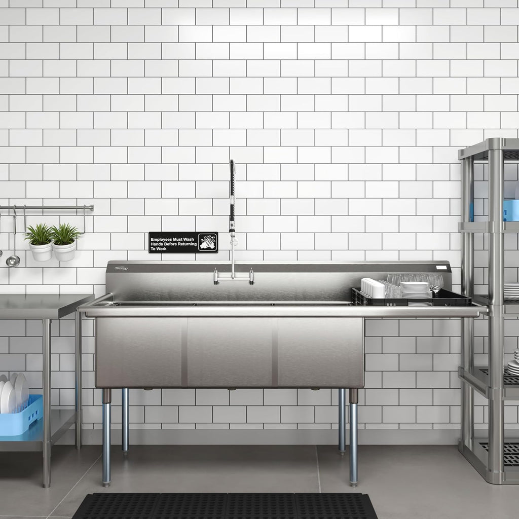 KoolMore 81 in. Three Compartment 18-Gauge Stainless-Steel NSF Commercial Kitchen Sink, Bowl Size 18x24x14, with Three Basins and Pre-Drilled Faucet Holes with Right Drainboard (KM-SC182414-24R3)