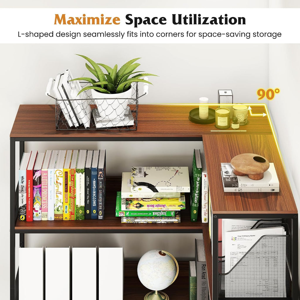 Tangkula Large Corner Bookshelf, 90 Degrees 5-Tier Industrial Wood Open Corner Bookcase for Small Spaces, Heavy-Duty Metal Frame, 71'H L-Shaped Storage Display Rack for Living Room (Walnut)