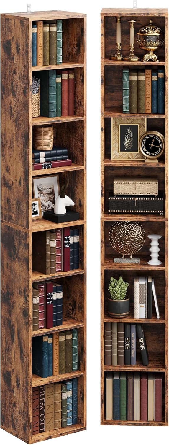 IRONCK Tall Narrow Bookshelf 8 Tiers 71in Set of 2, Compact Corner Bookcase, Easy to Match for Living Room, Office, Study, Bedroom