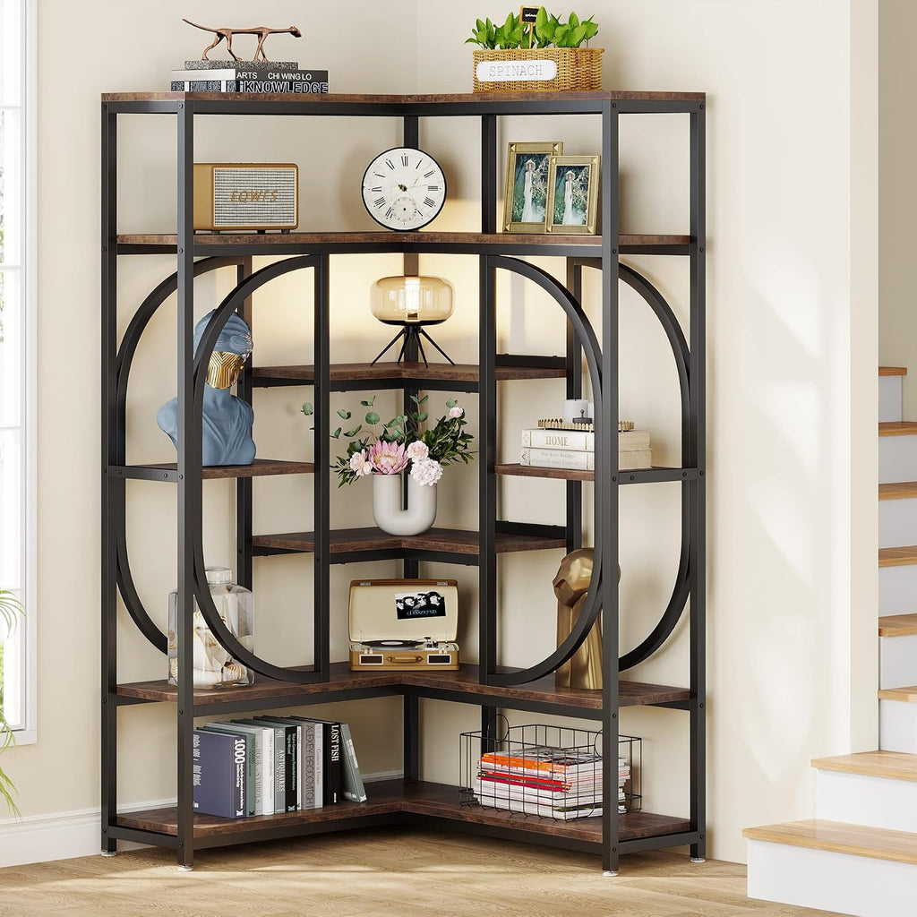 LITTLE TREE Large Corner Bookshelf Industrial Bookcase for Living Room Home Office,Brown