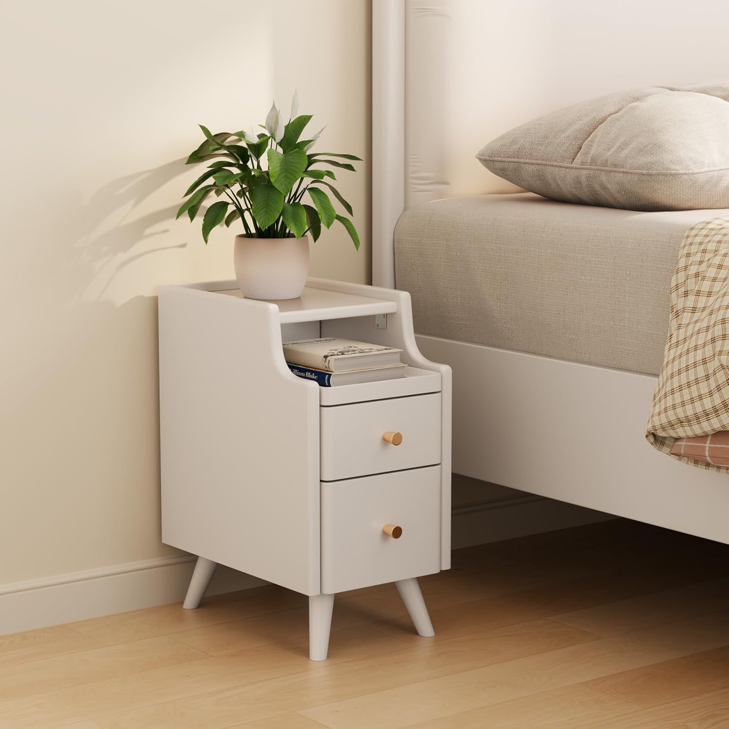 AQIMUELE Small Nightstand with Drawers, Solid Wood Bedside Table, Narrow Walnut Nightstand for Bedroom