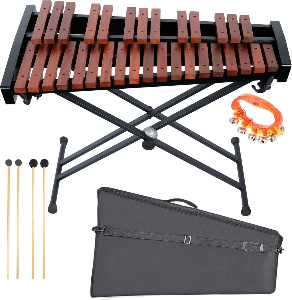 32 Note Xylophone Professional Wooden Glockenspiel Xylophone with Adjustable Stand - Premium Musical Instrument Includes 4 Mallets, Hand Bell & Bag
