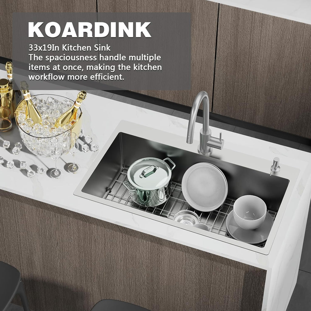 Kitchen Sink, 33x19 Inch Stainless Steel Drop In Modern Large Single Bowl Topmount Kitchen Sink Gift Combo-SS Grid,Silicon Mat, Drain Strainer Set Compatibility With Various Kitchen&Bar Style