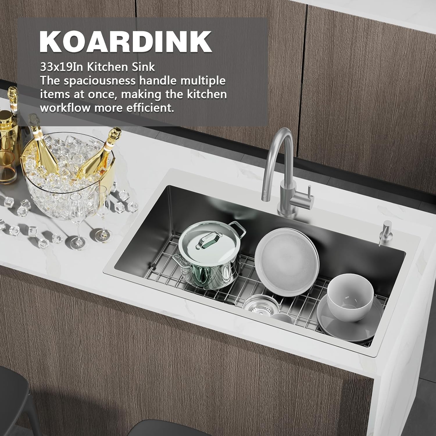 Kitchen Sink, 33x19 Inch Stainless Steel Drop In Modern Large Single Bowl Topmount Kitchen Sink Gift Combo-SS Grid,Silicon Mat, Drain Strainer Set Compatibility With Various Kitchen&Bar Style