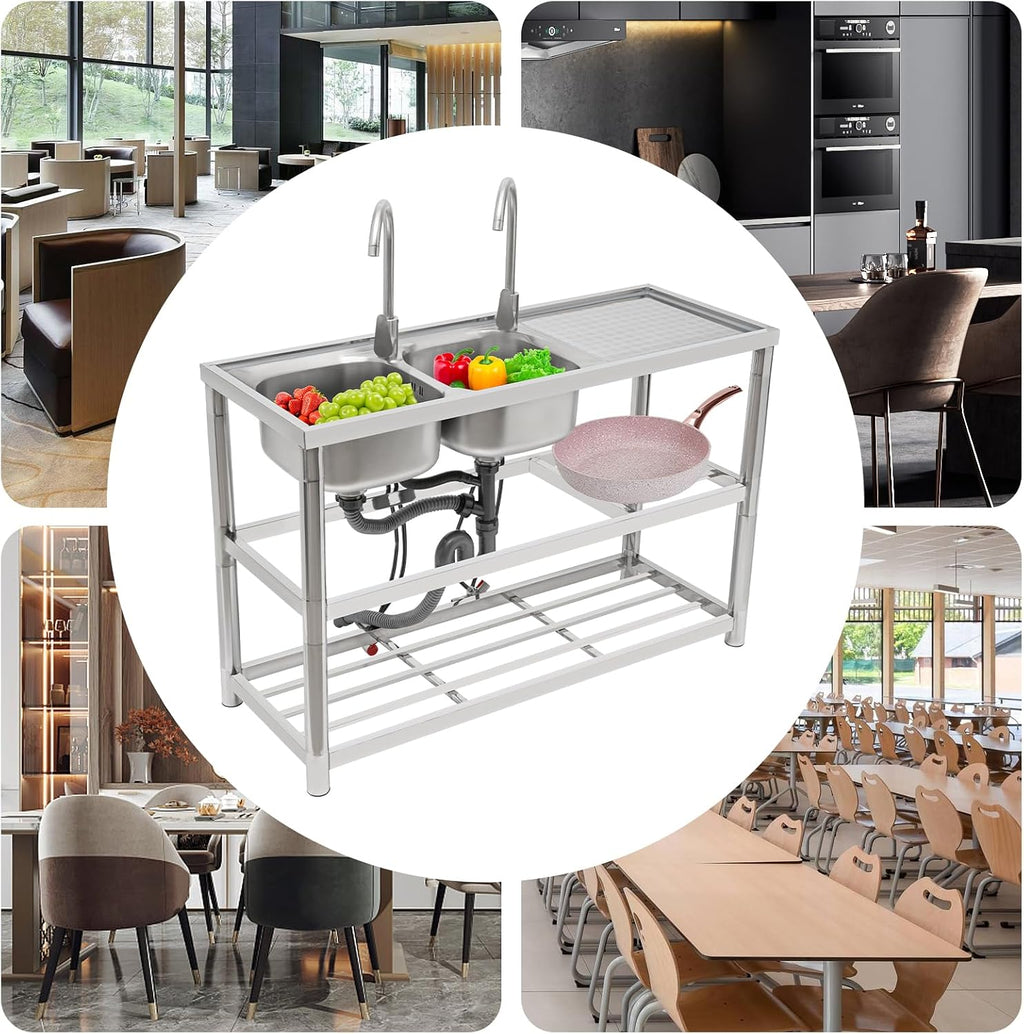 Free Standing Commercial Kitchen Sink Stainless Steel, Double Bowl Utility Sink with 2 360° Rotatable Faucet and Water Pipes Restaurant Outdoor Utility Sink Left Dual-Bowl (47x17.7x31.5in)