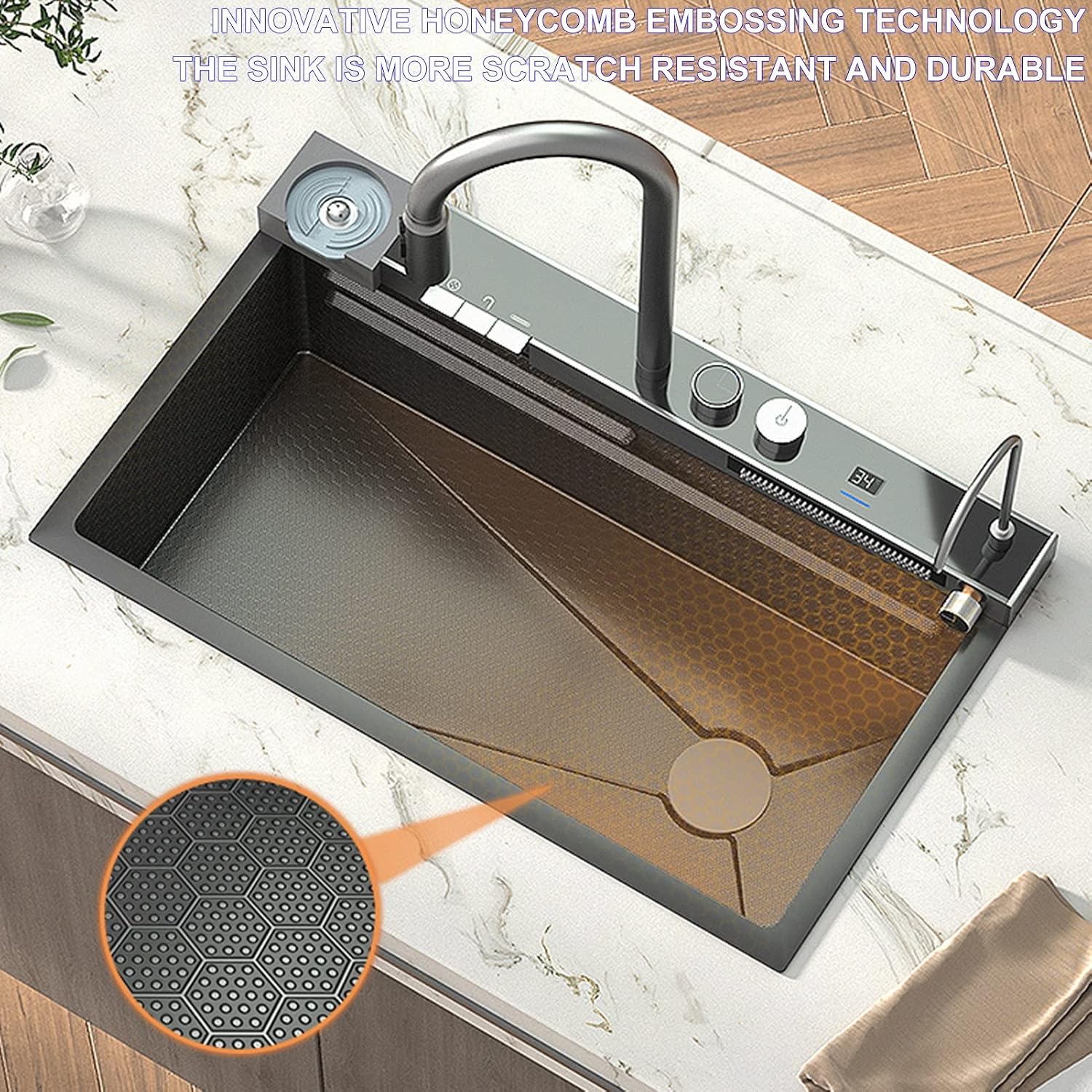 304 Stainless Steel Honeycomb Digital Display Waterfall Sink Multi Function Single Bowl Kitchen Sink RV Sink Manual Vegetable Wash Basin with Pulling Faucet(