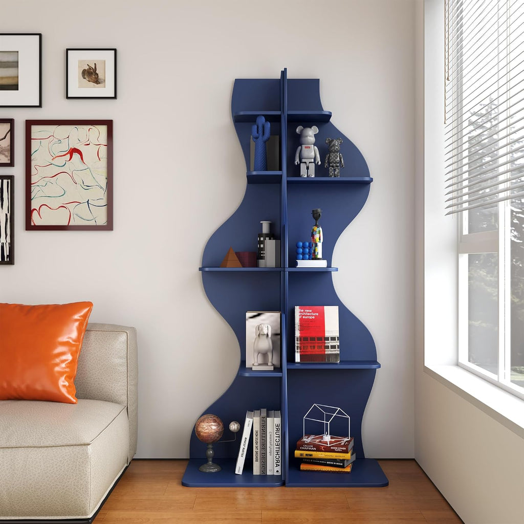 YOWOS 69.4' 5-Tier Modern Corner Bookshelf – Wavy Wooden Display Shelf with Storage, Narrow Corner Bookcase for Small Spaces, Ideal for Plants, Books & Decor (Blue)