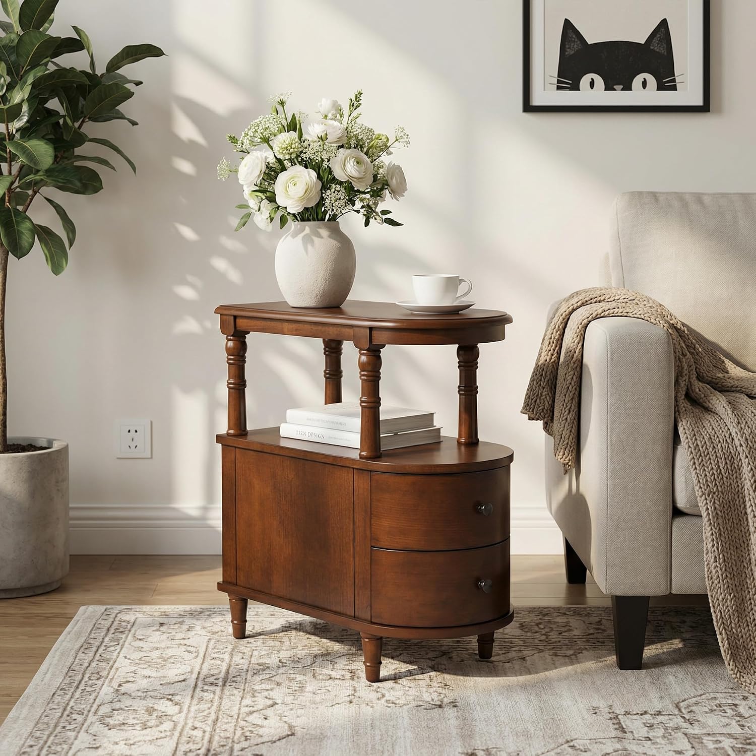Narrow End Table With 2 Drawers and Storage Shelf Set of 2, Slim Side Tables, Farmhouse Sofa Beside Table- for Small Spaces, Living Room Telephone Tables, Tools-free Assembly, Caramel Brown BG-A508-MG