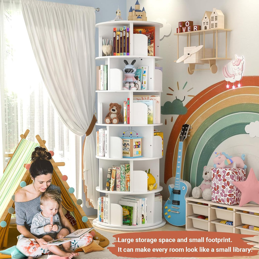 Besiost Rotating Bookshelf Tower, 6 Tier Spinning Bookcase, Revolving 360 Book Shelf Narrow Tall Bookcase, Vertical Turning Round Bookshelf Organizer, Wood Corner Bookshelf for Small Space, White