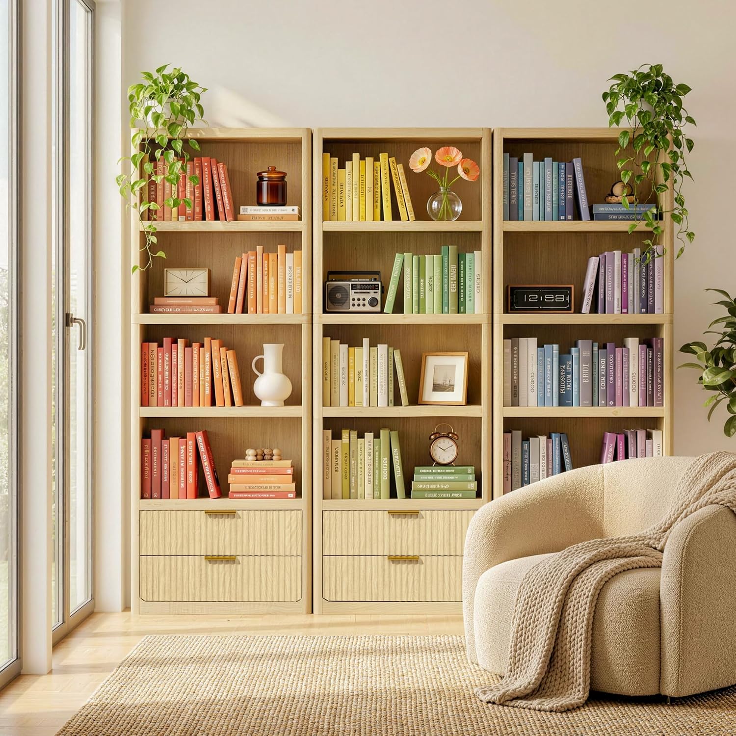 YESHOMY 79' Tall Wooden Bookshelf with Drawers, Corner Bookshelf Organizer with 4-Tier Open Shelves, Fluted Bookcase Storage Shelves for Home, Office,Living Room, 2 PCS