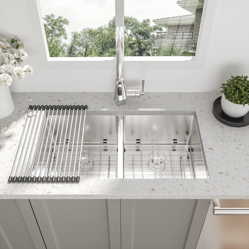 33 Undermount Double Bowl Kitchen Sink - Beslend 33x19x10 Inch Double Sink Stainless Steel Undermount Sinks 16 Gauge 50/50 Double Bowl Sinks