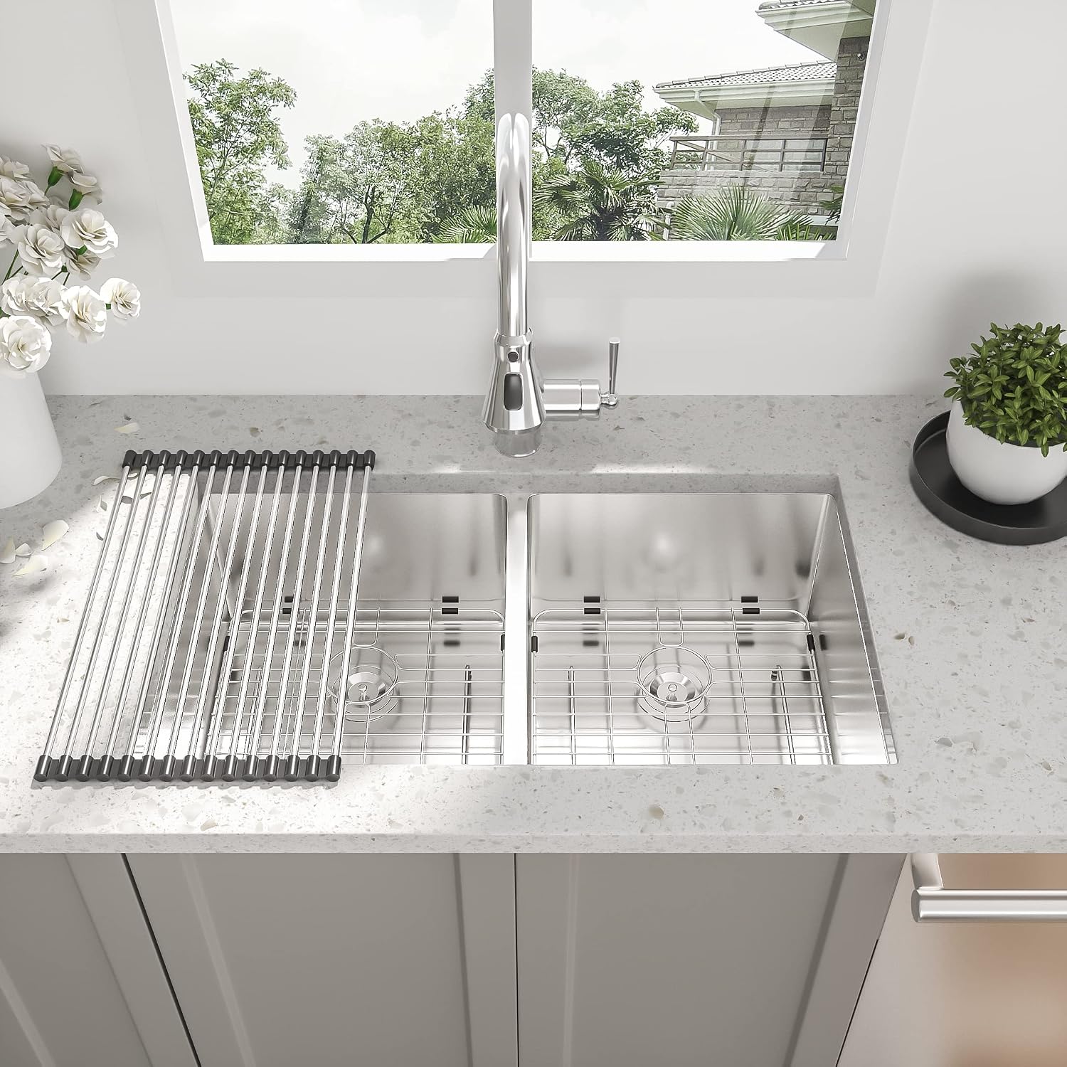 33 Undermount Double Bowl Kitchen Sink - Beslend 33x19x10 Inch Double Sink Stainless Steel Undermount Sinks 16 Gauge 50/50 Double Bowl Sinks