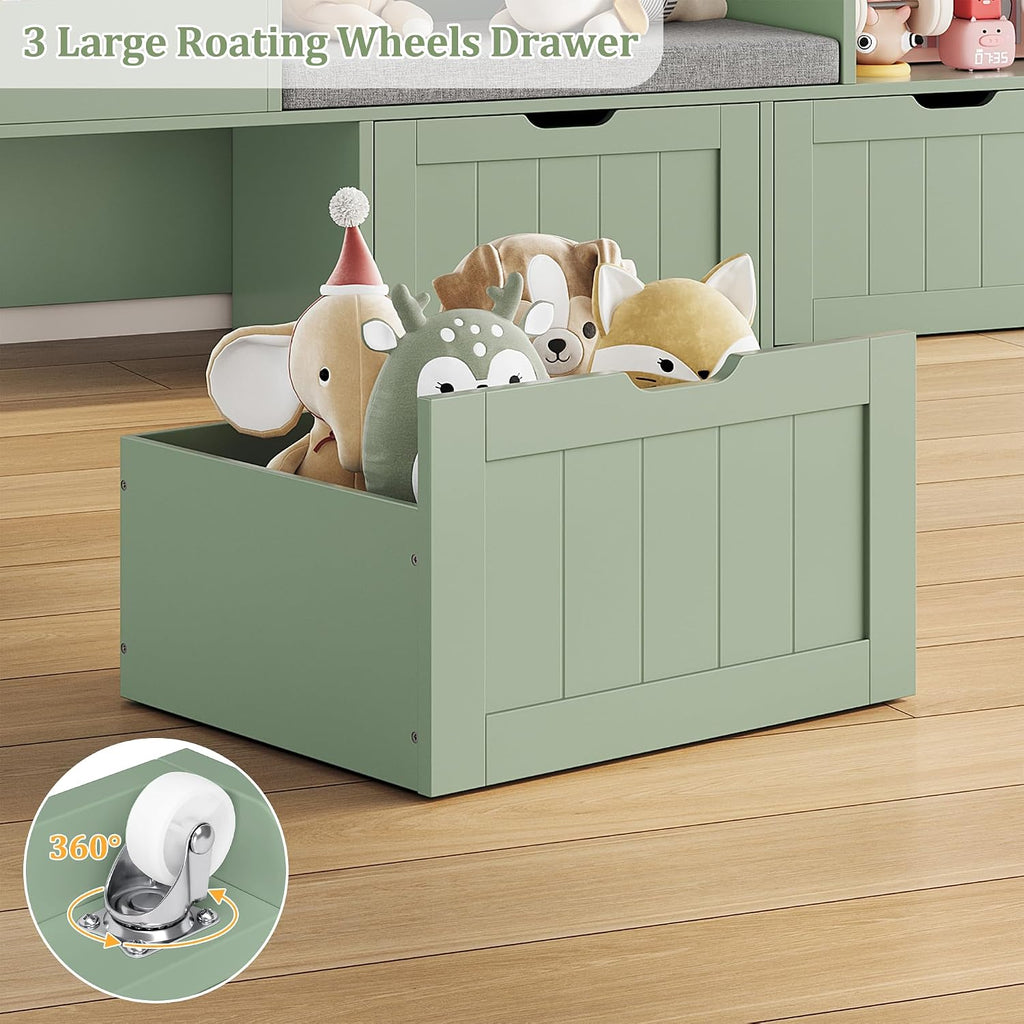 FOTOSOK 55.1'' Kids Bookshelf with Reading Nook, Toy Storage Organizer with Seat Cushion and 3 Movable Drawers, Kids Reading Nook Toy Organizers and Storage with Bench for Playroom, Bedroom, Green