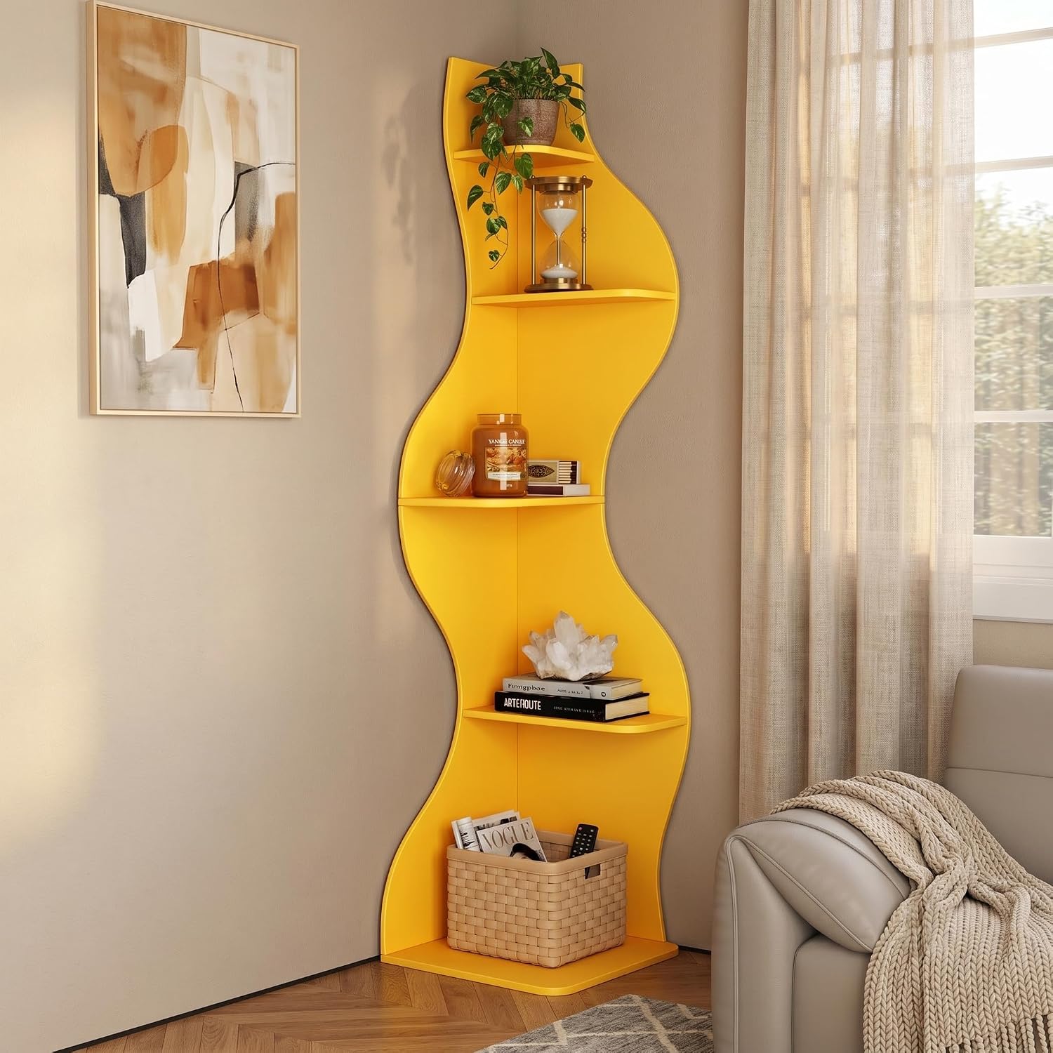 YOWOS 69.4' 5-Tier Modern Corner Bookshelf – Wavy Wooden Display Shelf with Storage, Narrow Corner Bookcase for Small Spaces, Ideal for Plants, Books & Decor (Yellow)