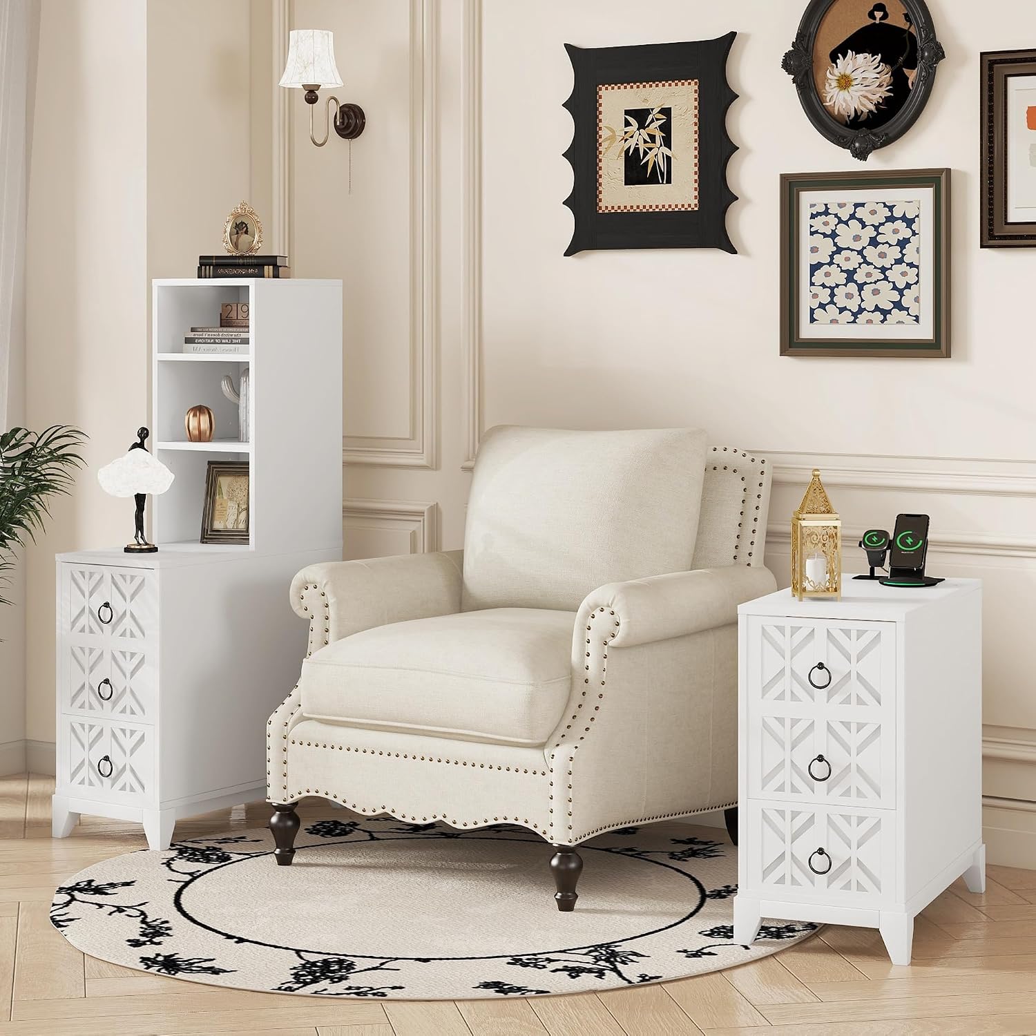 End Table with 3 Drawers & 2 Adjustable Shelves,Corner Table with USB & AC Charge Station,X-Shaped Carved Front,Solid Wood Frame,Tall Narrow Side Tables for Bedroom,Living Room,Small Space,White