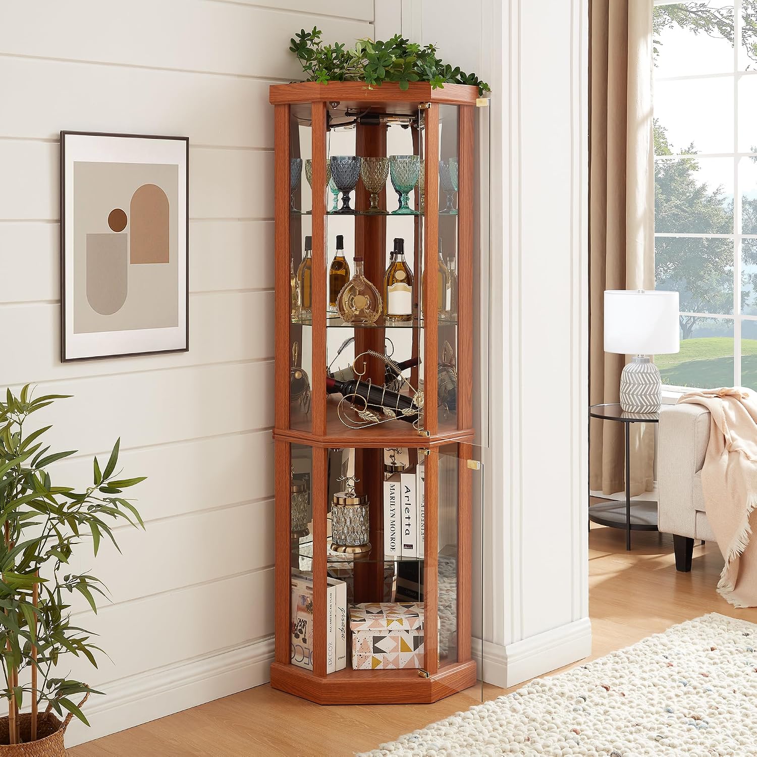 69' H Lighted Corner Display Cabinet, Curio Corner Glass Cabinet w/Adjustable Shelves & Glass Door, 5-Tier Wooden Storage Display Case w/Mirrored Back Pane for Living Room (Dark Oak)
