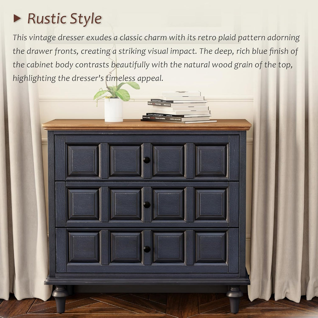 Aoikax Retro 3 Drawer Dresser with Plaid Pattern Front, Rustic Nightstand with Storage Chest for Bedroom, Living Room, Pine Wood, Aluminum Handle, Natural Wood, Dark Blue