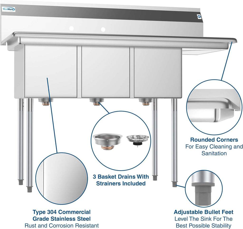 KoolMore - SC121610-12R3 3 Compartment Stainless Steel NSF Commercial Kitchen Sink with Drainboard - Bowl Size 12' x 16' x 10', Silver
