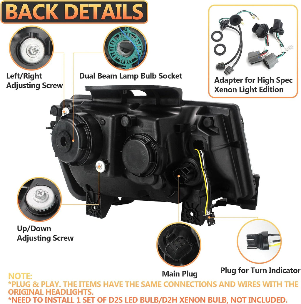 VLAND Headlights compatible with Chevrolet Chevy Camaro 5th Gen LS LT SS ZL1 Z/28 2014-2015, Headlamp Assembly with Sequential Turn Signal, 1 Pair not include bulbs (Regular+D2H Xenon Bulbs)