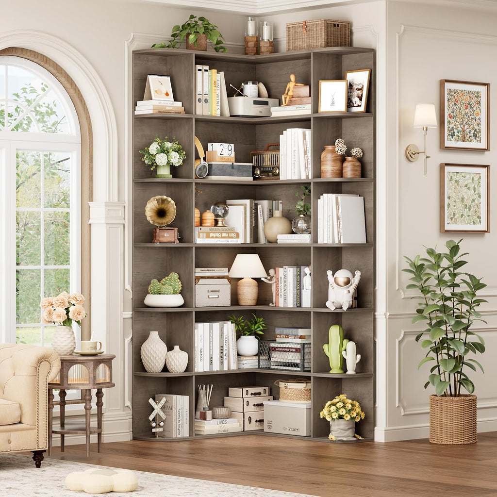 FOTOSOK 72' Tall Corner Bookshelf, 6-Tier Bookshelf and Bookcase with Open Storage, Tall Bookcases Wooden Storage Shelves for Home Office, Thickened Boards for Better Load Bearing, Vintage Grey
