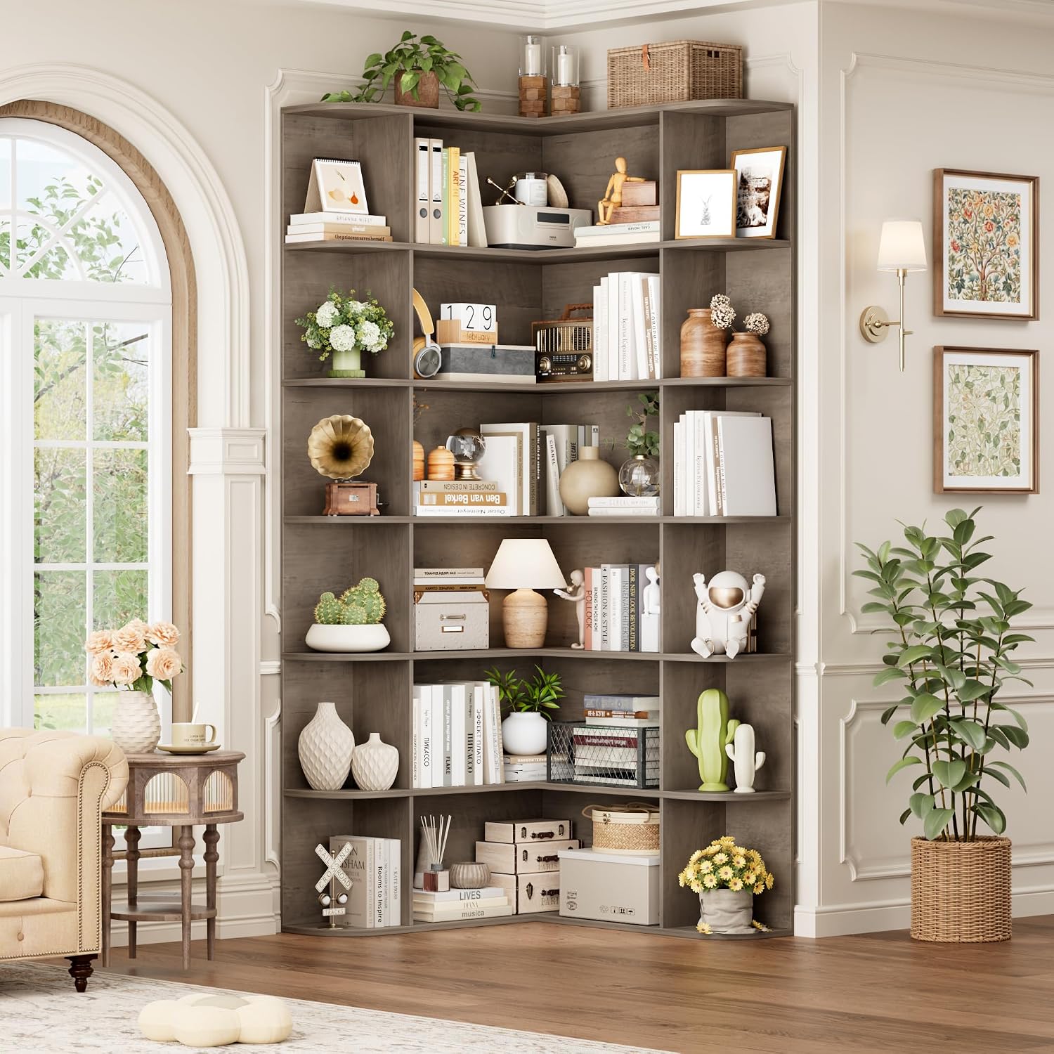 FOTOSOK 72' Tall Corner Bookshelf, 6-Tier Bookshelf and Bookcase with Open Storage, Tall Bookcases Wooden Storage Shelves for Home Office, Thickened Boards for Better Load Bearing, Vintage Grey