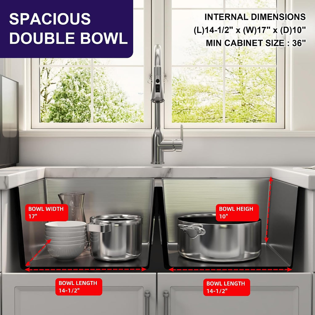 32 Inch Undermount Double Bowl Kitchen Sink 16 Gauge Stainless Steel 50/50 Deep Rectangular Sinks with Strainer & Bottom Grid 32' x 19' x 10'