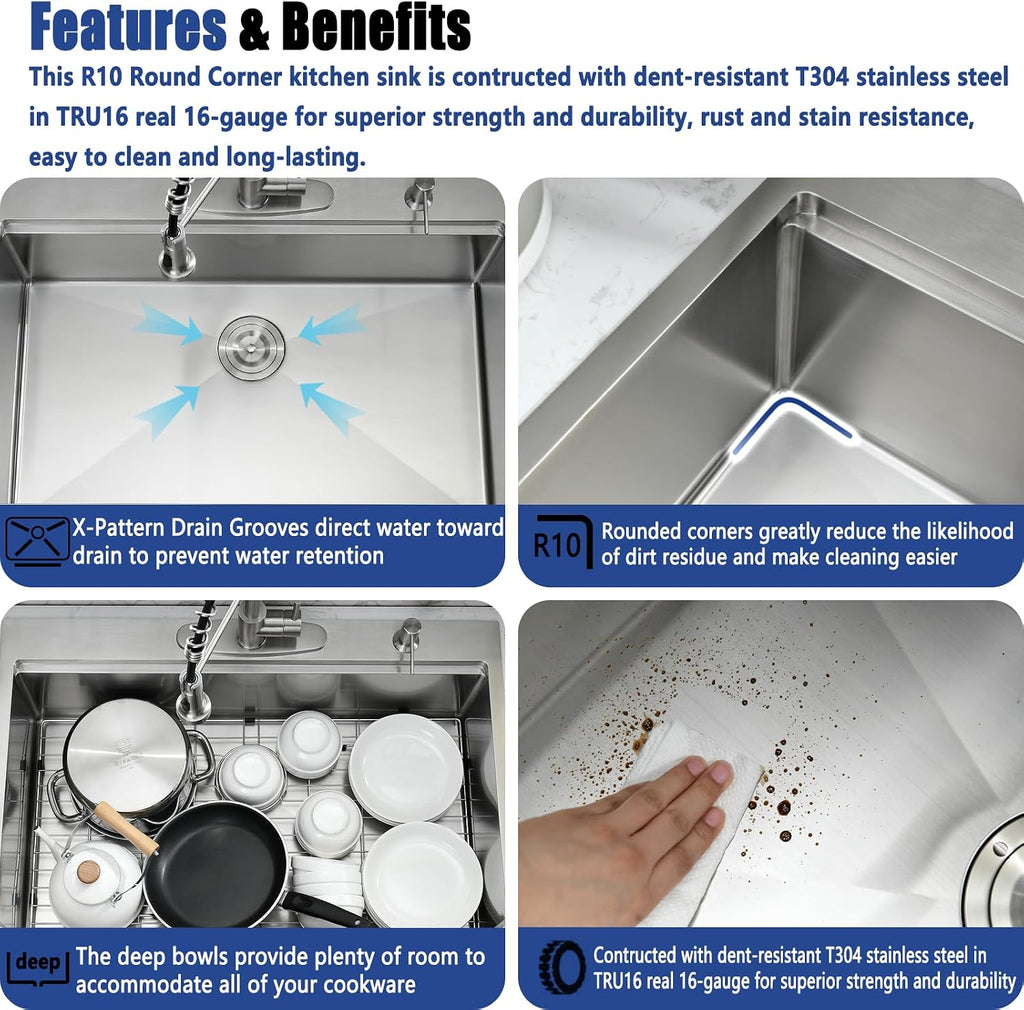 33x19 Drop In Kitchen Sink with Faucet Combo - 33 Inch Single Bowl Kitchen Sink Workstation, 10 Inch Deep Stainless Steel Topmount Sinks with Accessories