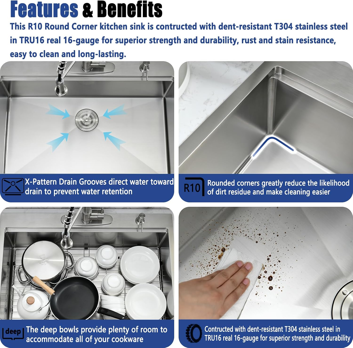 33x19 Drop In Kitchen Sink with Faucet Combo - 33 Inch Single Bowl Kitchen Sink Workstation, 10 Inch Deep Stainless Steel Topmount Sinks with Accessories