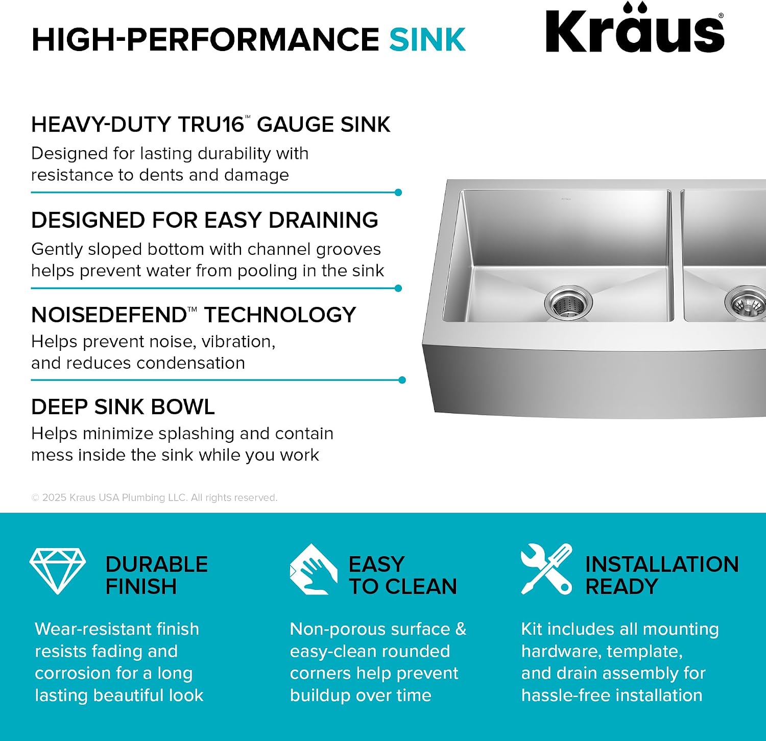Kraus KHF203-36 Standart PRO Kitchen Stainless Steel Sink, 36 Inch Round Apron 60/40 Double Bowl