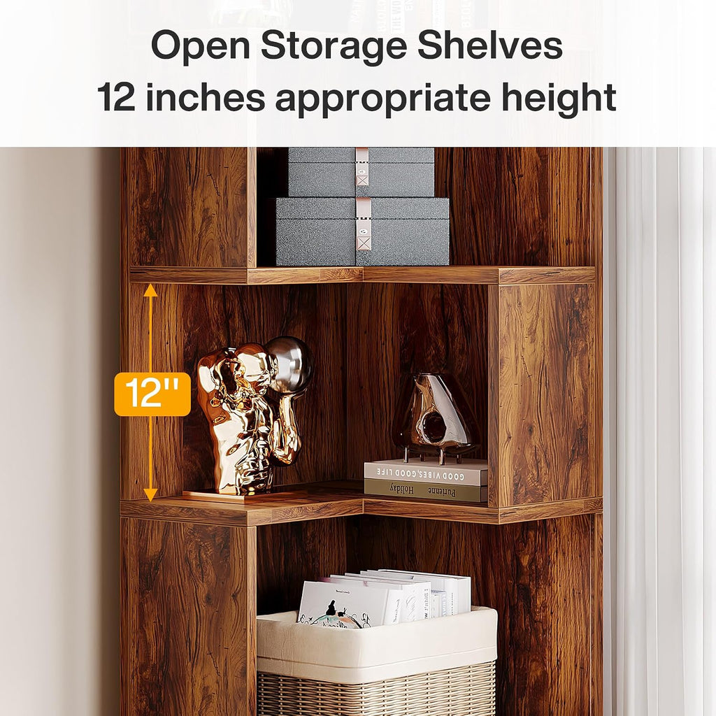 Tribesigns 5-Tier Corner Bookshelf with 2 Drawers, 66.9-Inch Tall Corner Bookcase Shelf, Mid-Century Modern Corner Storage Cabinet Display Rack Shelf for Living Room, Home Office (Rustic Brown)