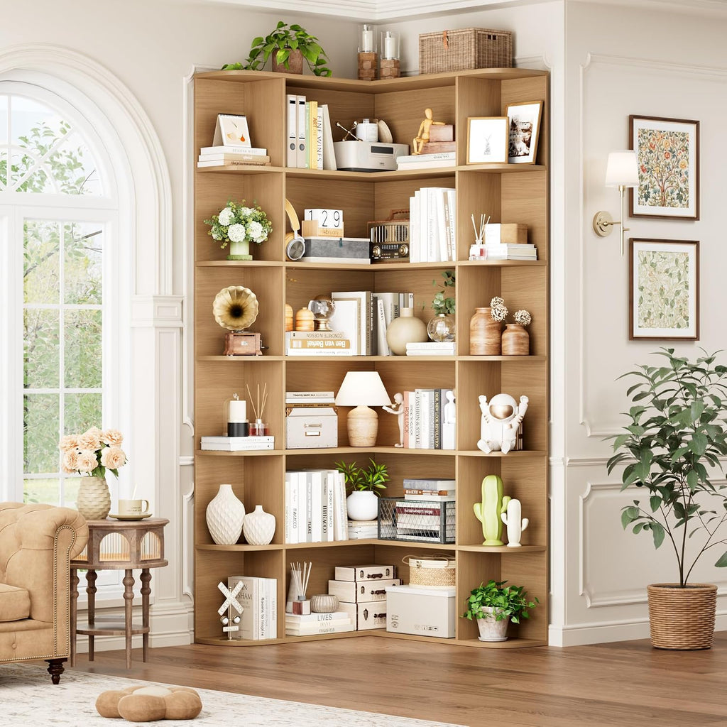 FOTOSOK 72' Tall Corner Bookshelf, 6-Tier Bookshelf and Bookcase with Open Storage, Tall Bookcases Wooden Storage Shelves for Home Office, Thickened Boards for Better Load Bearing, Natural