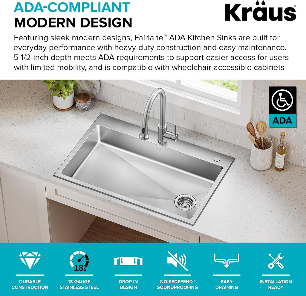 KRAUS Fairlane 33-inch ADA Compliant Drop In/Top Mount Single Bowl 18-Gauge Stainless Steel Kitchen Sink, KHT640-33-5.5