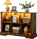 6 Cube Storage Organizer, 2 Tier Book Shelf with Led Lights, Farmhouse Book Shelves for Living Room, Horizontal Toy Storage Bookshelf, Wood Display Bookcase Cabinet for Bedroom, Office, Brown