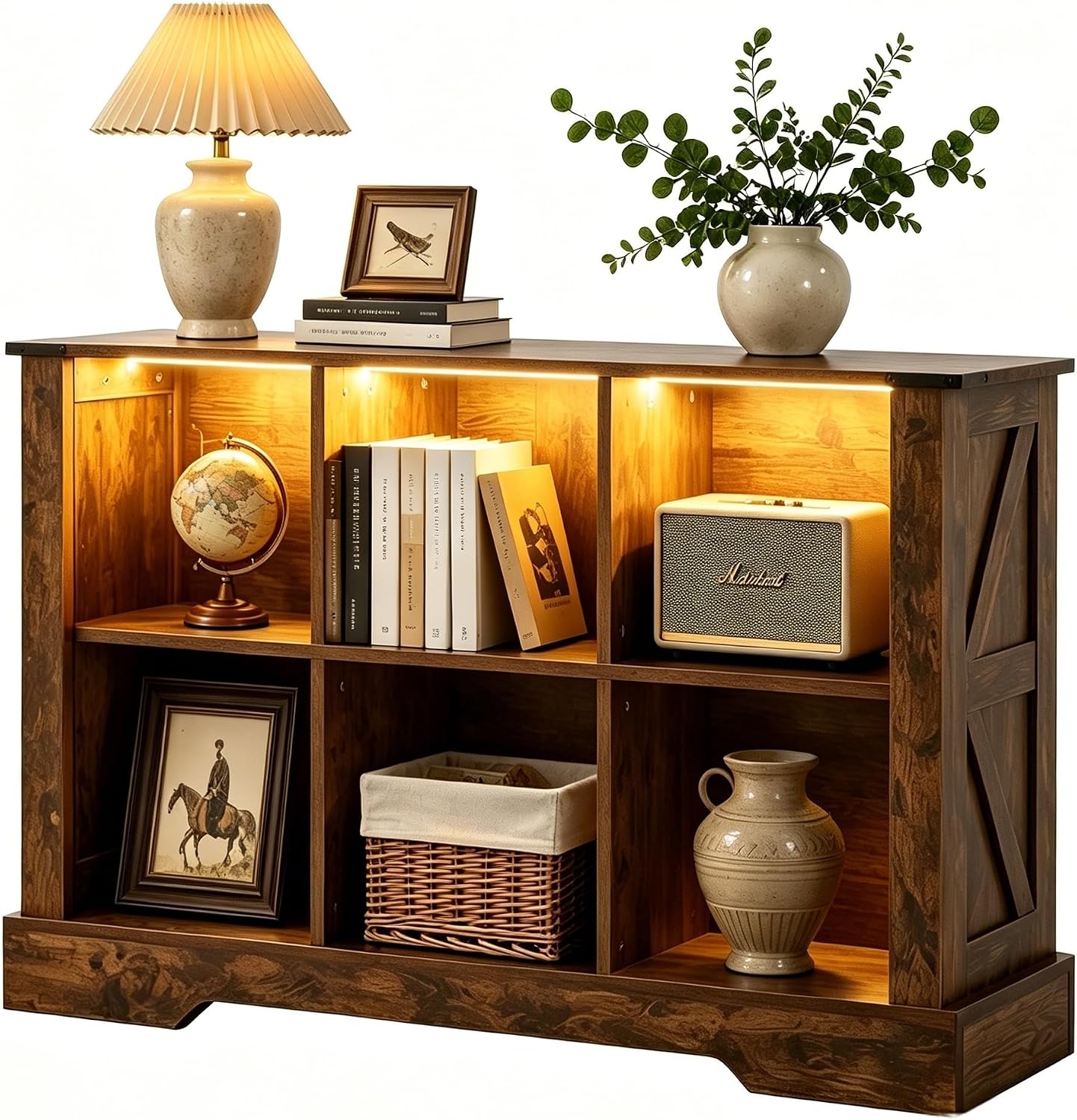6 Cube Storage Organizer, 2 Tier Book Shelf with Led Lights, Farmhouse Book Shelves for Living Room, Horizontal Toy Storage Bookshelf, Wood Display Bookcase Cabinet for Bedroom, Office, Brown
