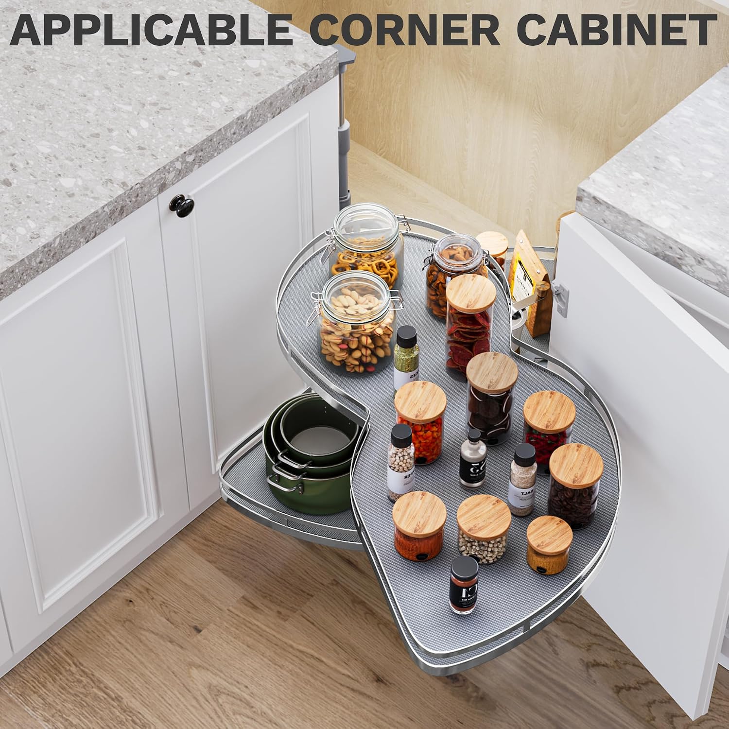 DWVO Corner Cabinet Organizer, 2-Tier Blind Corner Pull Out with 270° Rotating Shelf, Right Swing Tray, Heavy-Duty Iron, Easy-Install Template, 32.7'x17.3'x21.3', Gray