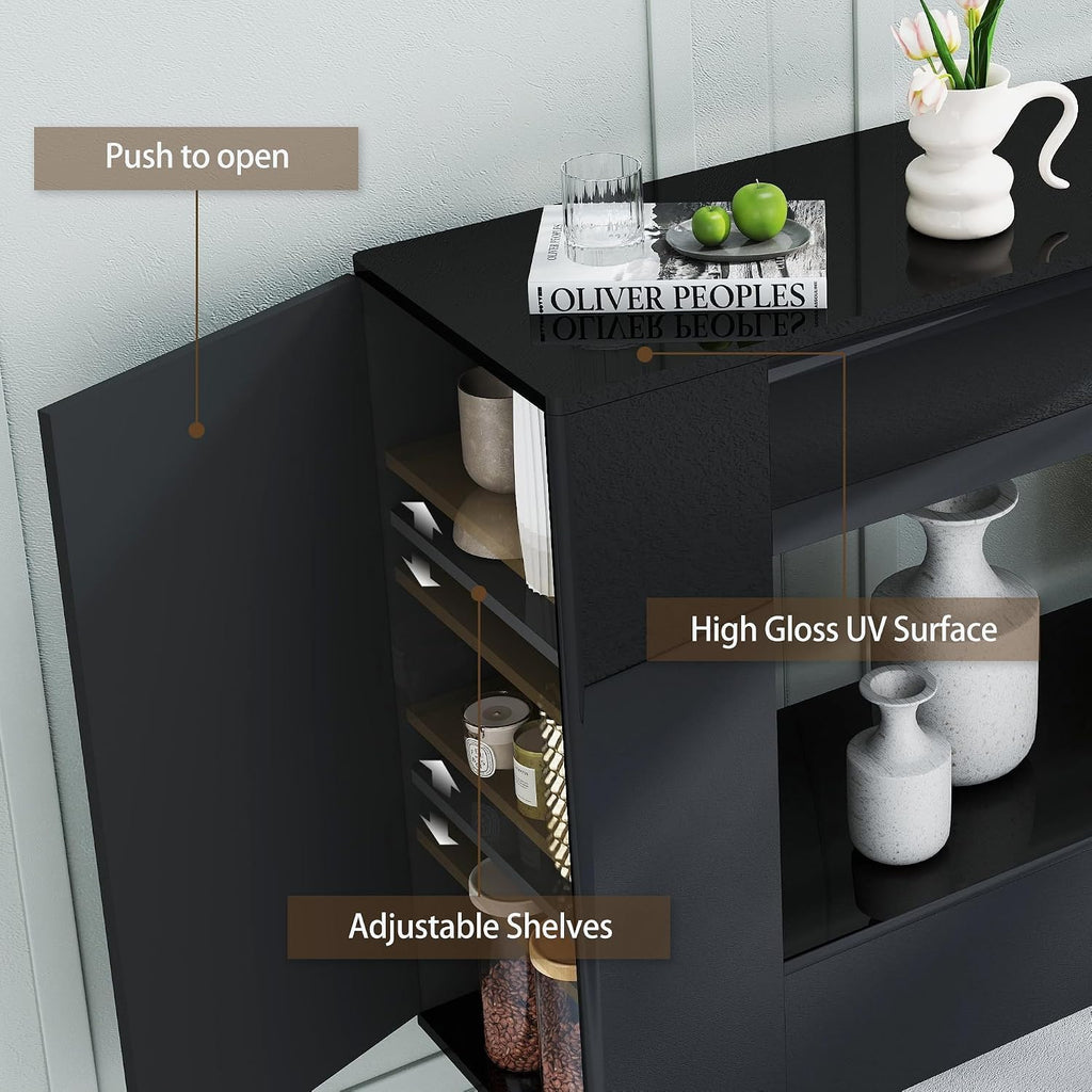 High Gloss Console Table with Hidden Side Storage Cabinets, Adjustable Shelves, Black Modern Black Entryway Sofa Table for Behind The Couch, Living Room, Hallway,