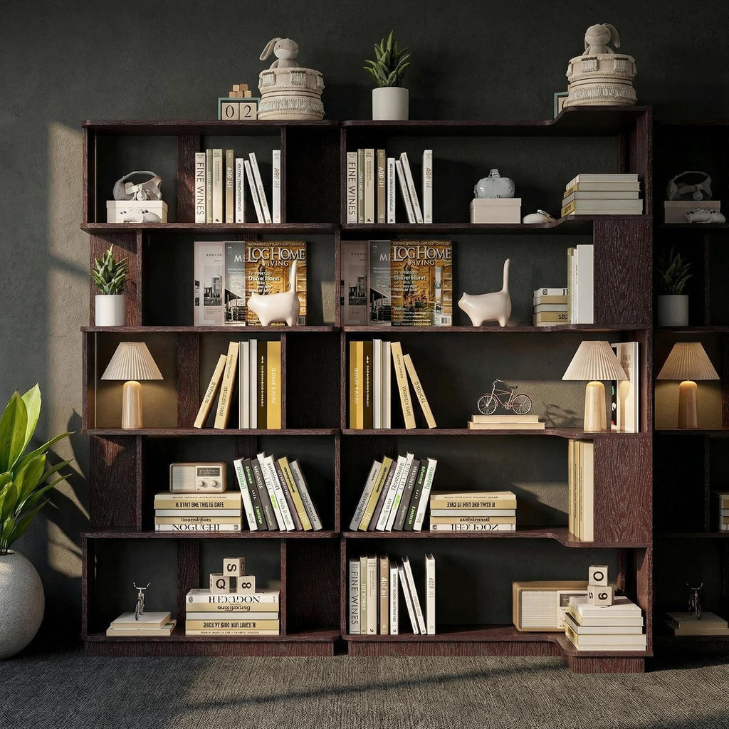 Corner Bookshelf, L Shaped, Set of 2, Ox Blood Red | Modular Geometric Design, Large Storage Display, Freestanding Wooden Unit, For Living Room Home Office