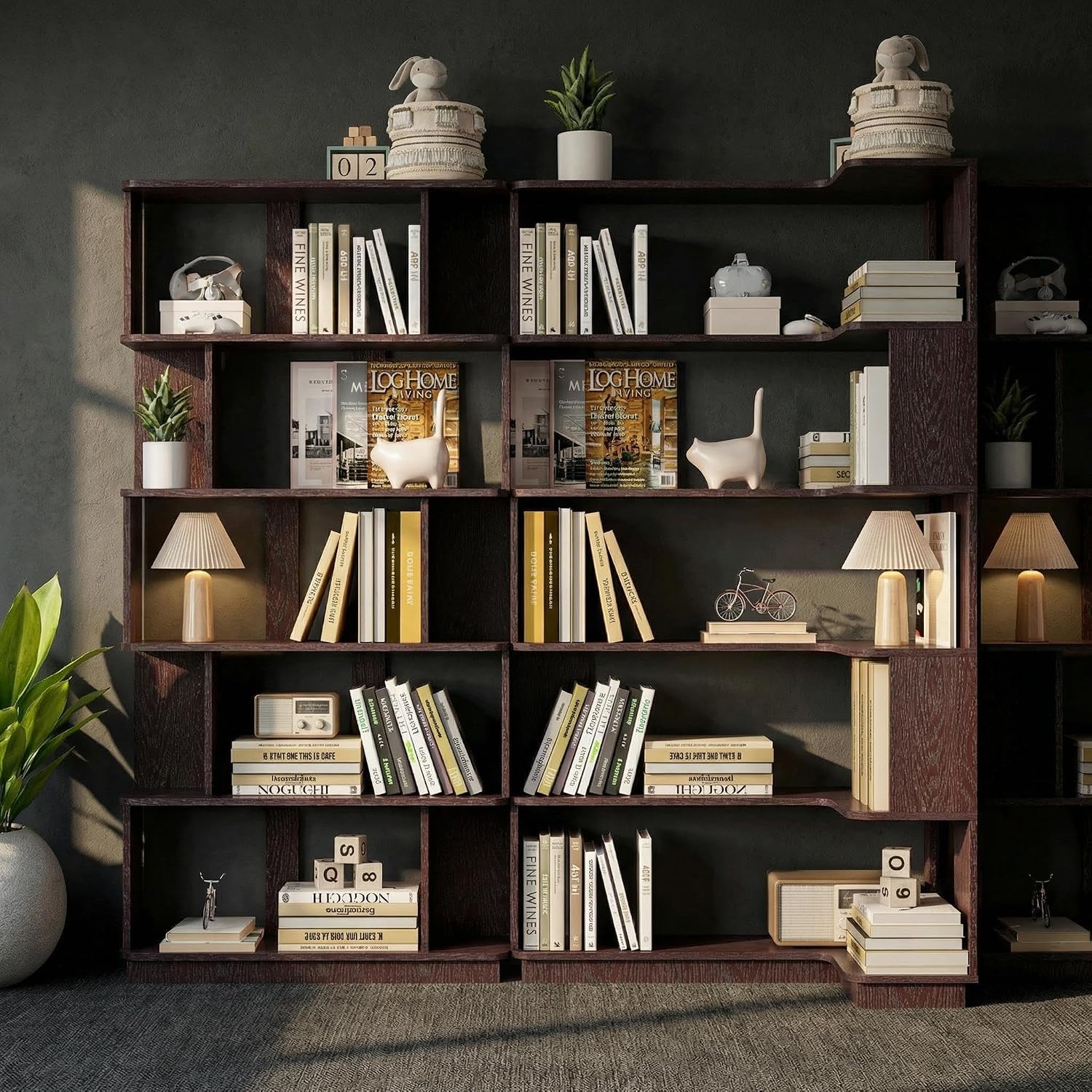 Corner Bookshelf, L Shaped, Set of 2, Ox Blood Red | Modular Geometric Design, Large Storage Display, Freestanding Wooden Unit, For Living Room Home Office