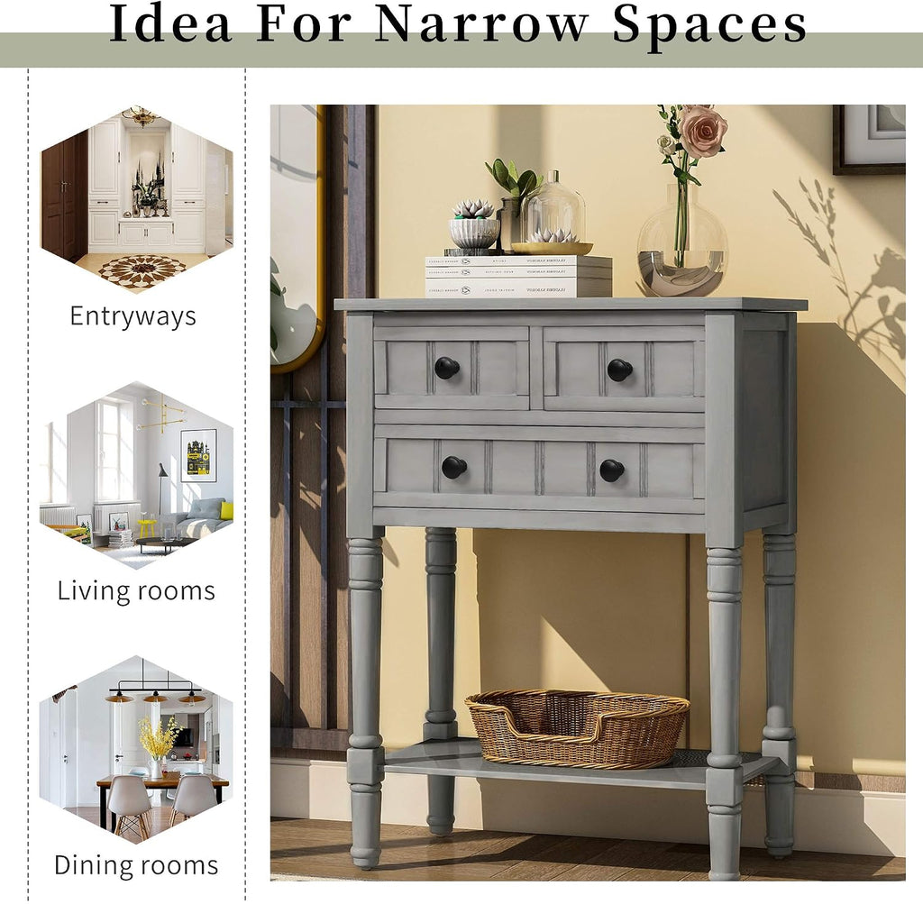 P PURLOVE Narrow Console Table, Farmhouse Entryway Table Slim Sofa Table with Three Storage Drawers and Bottom Shelf, Wood Entry Table for Living Room,Easy Assembly,Gray Wash