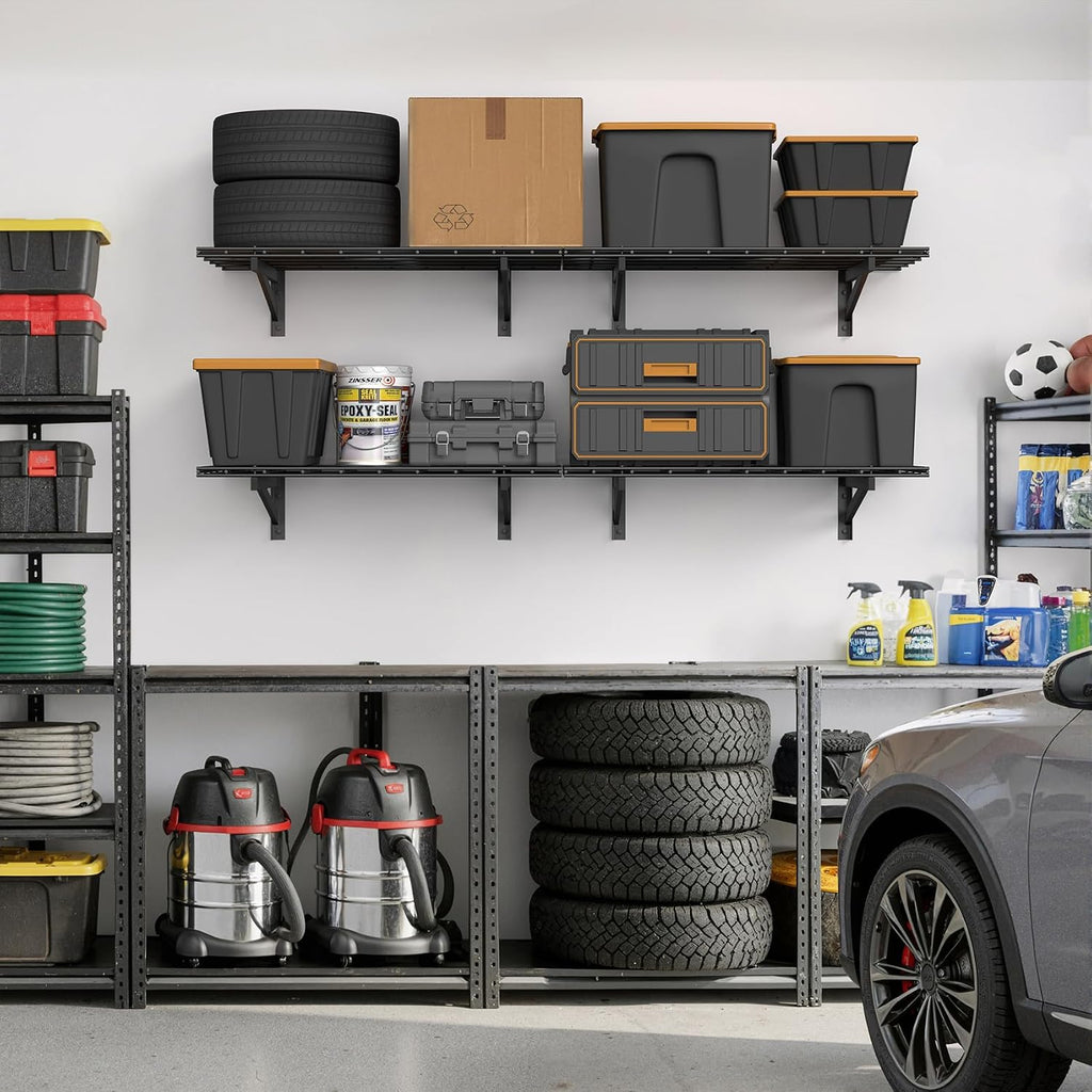 Jusgym 4 Pack Heavy Duty Garage Wall Shelving Set (2x3ft), Wall Mounted Garage Shelves 1400lbs Capacity, 24'x72' Shelf Storage Rack Floating Shelves, Black
