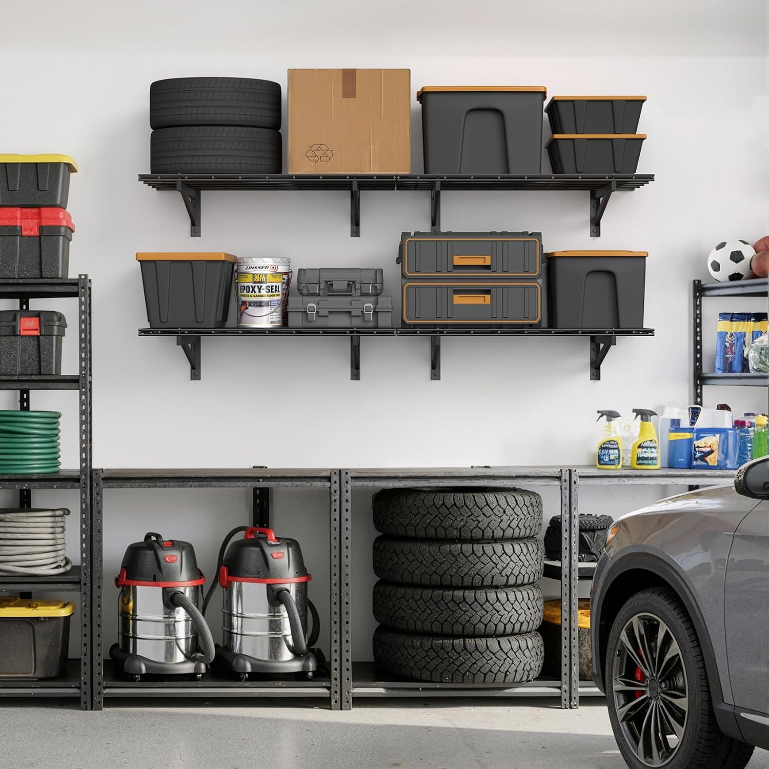 Jusgym 4 Pack Heavy Duty Garage Wall Shelving Set (2x3ft), Wall Mounted Garage Shelves 1400lbs Capacity, 24'x72' Shelf Storage Rack Floating Shelves, Black