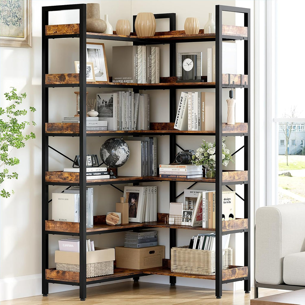 KOUSEI 6-Tier L-Shaped Reversible Corner Bookshelf, 69' Rustic Brown Industrial Wood & Metal Bookcase, Wide Open Shelves + 4 Hooks for Living Room/Bedroom/Home Office