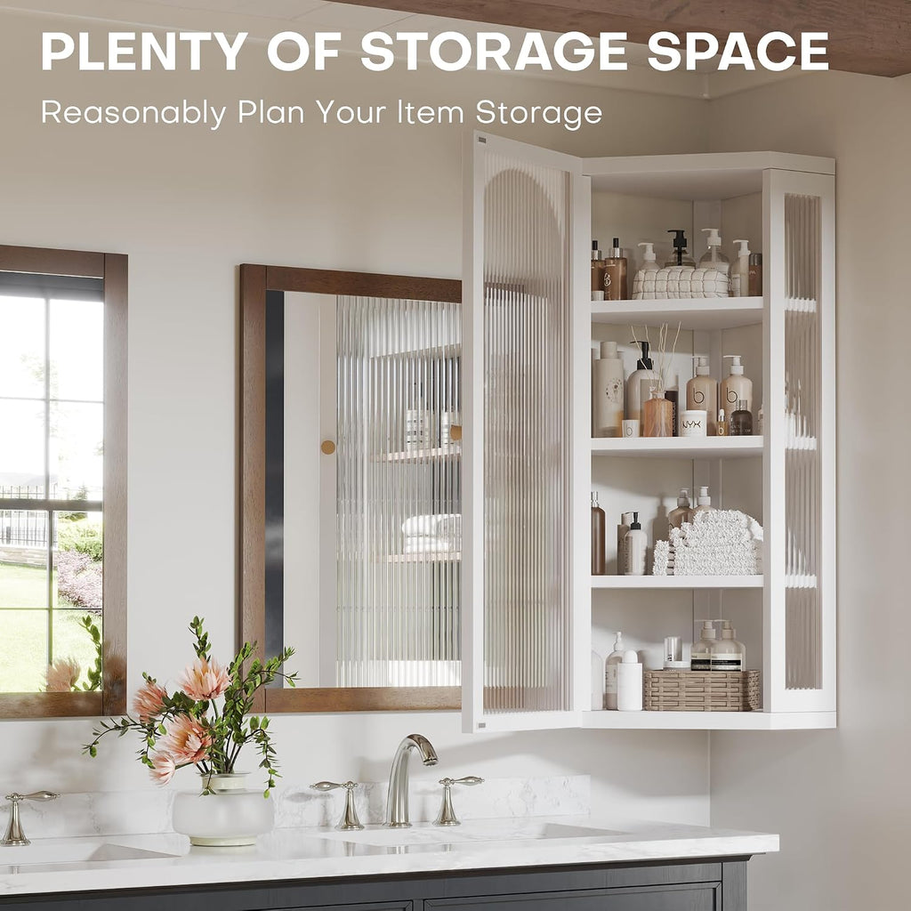 Bathroom Corner Wall Cabinet, Metal Medicine Cabinet with Glass Doors and Shelves, Hanging Corner Storage Cabinet for Bathroom, Kitchen, Laundry Room (White)