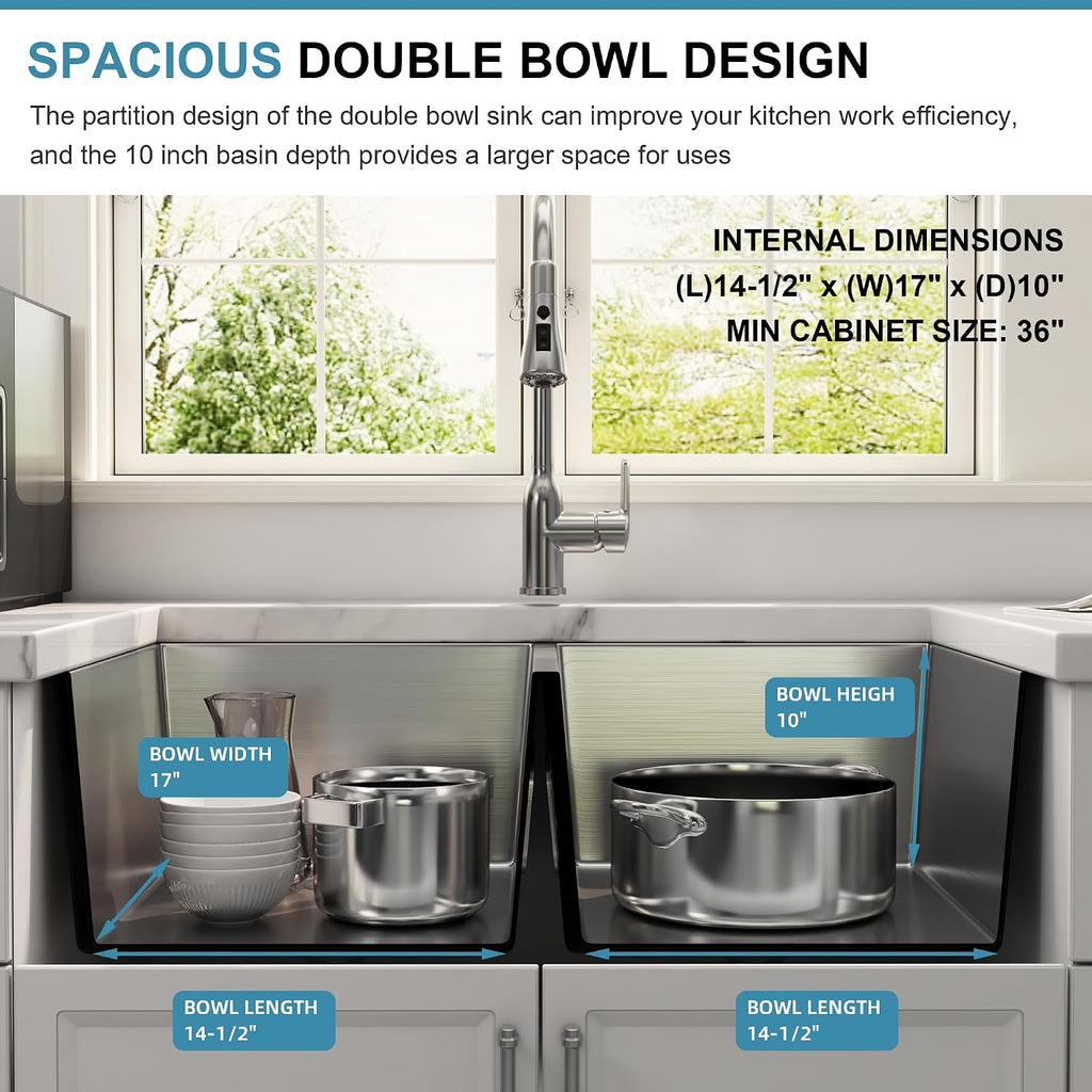 32 Inch Undermount Handmade Double Bowl Kitchen Sink, 16 Gauge 304 Stainless Steel 50/50 Rectangular Large Capacity Kitchen Sinks, Strainer and Grid Included, 32' x 19' x 10'