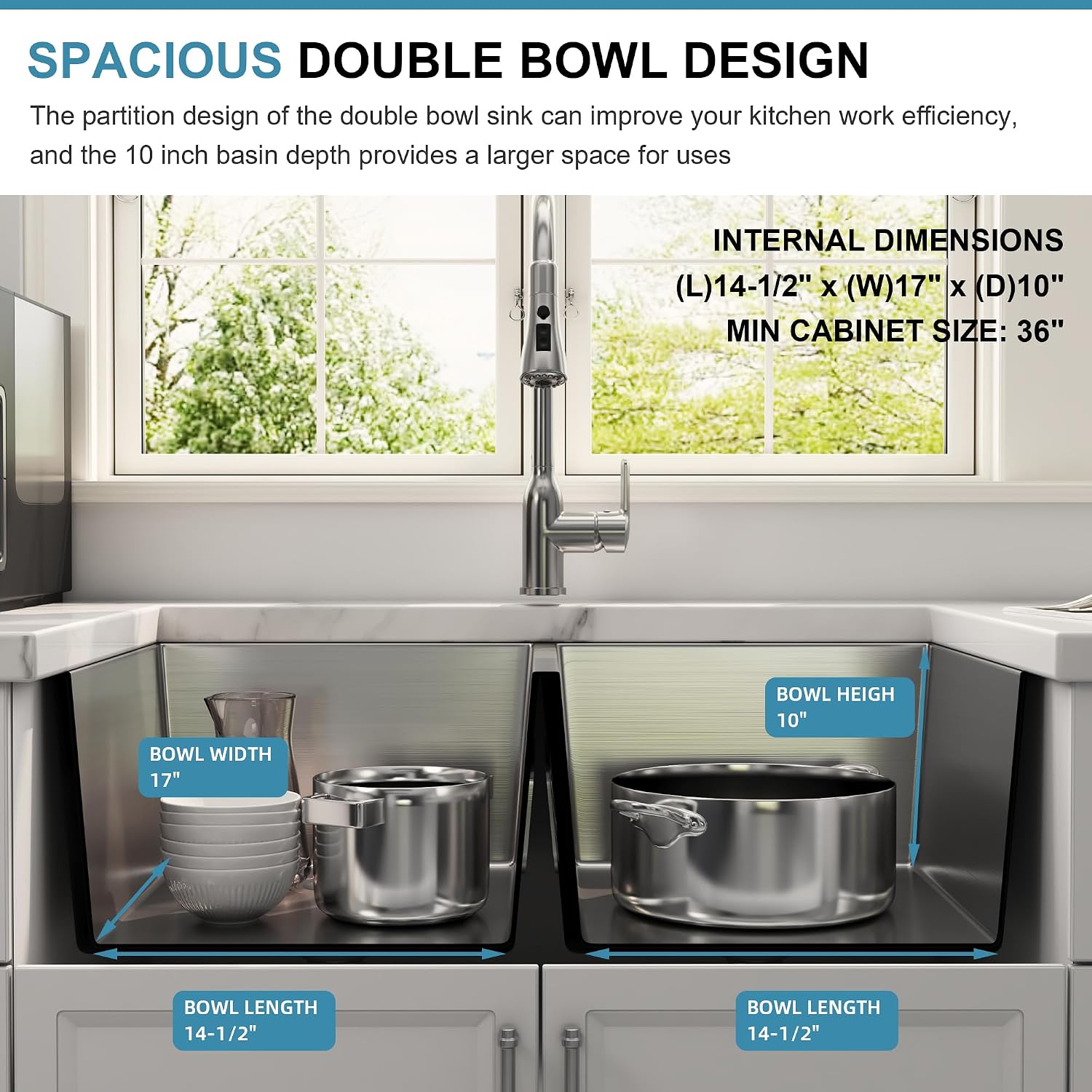 32 Inch Undermount Handmade Double Bowl Kitchen Sink, 16 Gauge 304 Stainless Steel 50/50 Rectangular Large Capacity Kitchen Sinks, Strainer and Grid Included, 32' x 19' x 10'