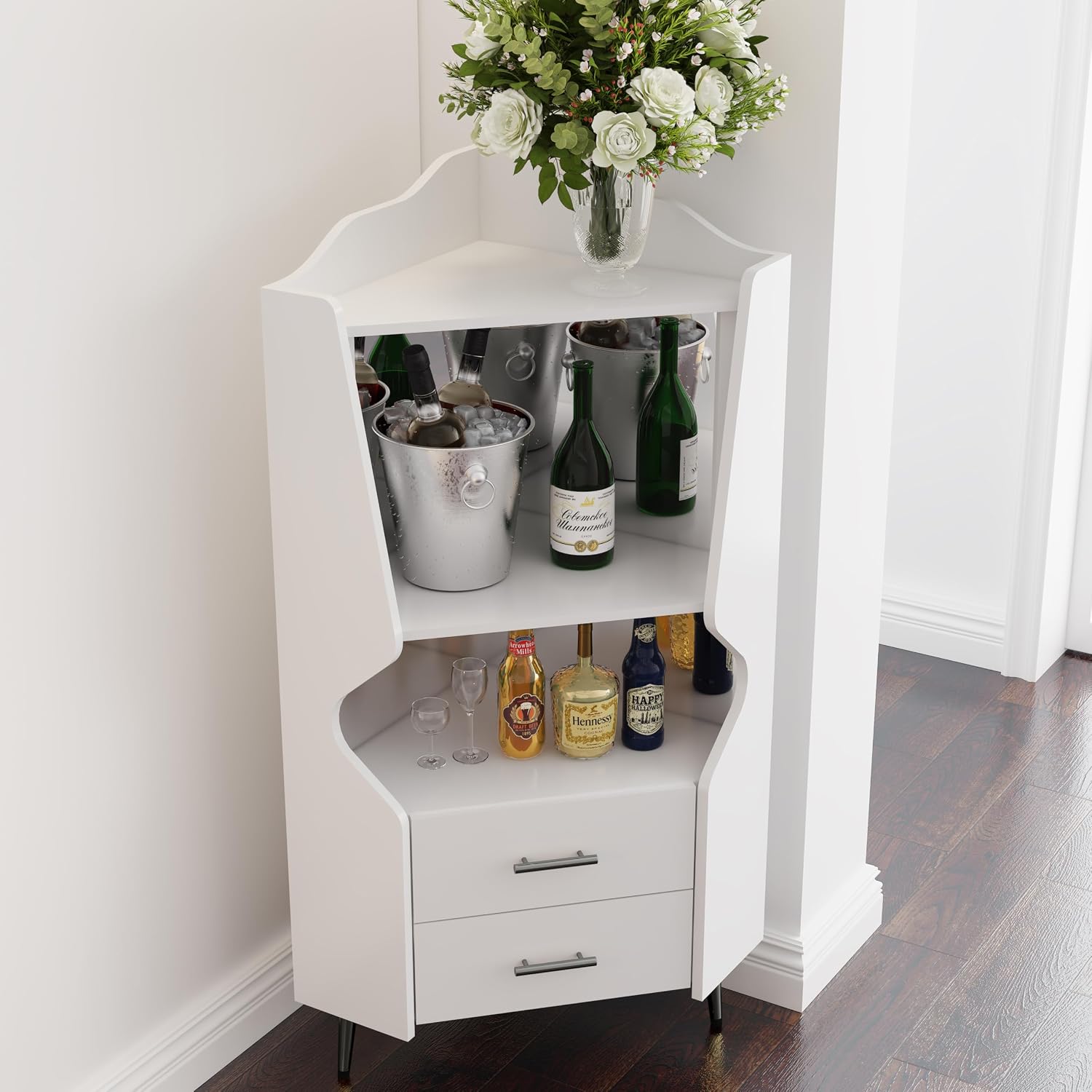 GDFStudio Wooden Corner Shelf Cabinet, Mirrored Back Coffee Bar Cabinets with Drawers & Open Storage, High Feet Corner Wine Rack Liquor Stand Kitchen Storage Cabinet for Living Room Dining Room, White