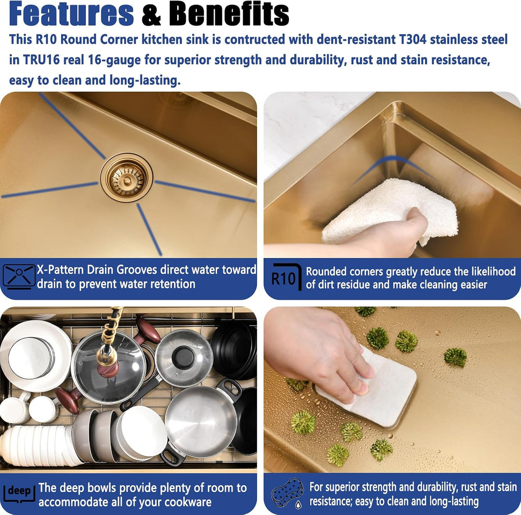 33x19 Inch Gold Drop In Kitchen Sink with Faucet - Brushed Finish Stainless Steel Single Bowl Workstation Sinks, Includes Accessories Set, Easy to Install for Home & Restaurant